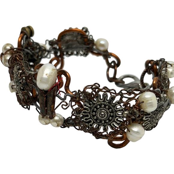Artisan Handcrafted Gunmetal Filigree Pearl Wire Wrapped Victorian Gothic - Picture 4 of 10